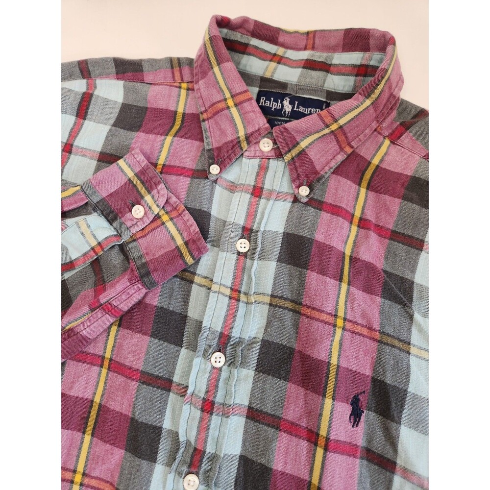 VTG‎ Ralph Lauren Flannel Shirt Men's L Red Gray Long Sleeve Plaid Button Down